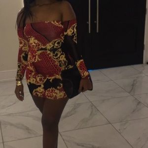 Red and black off the shoulder chain detail dress